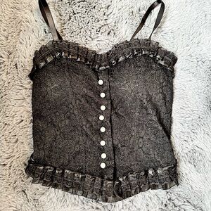 Black Lace Ruffle Top with Pearl Buttons